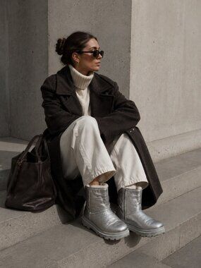 DWRS Metallic Silver Leather Ankle Boots Shearling Lined Platform Lug Sole 10.5